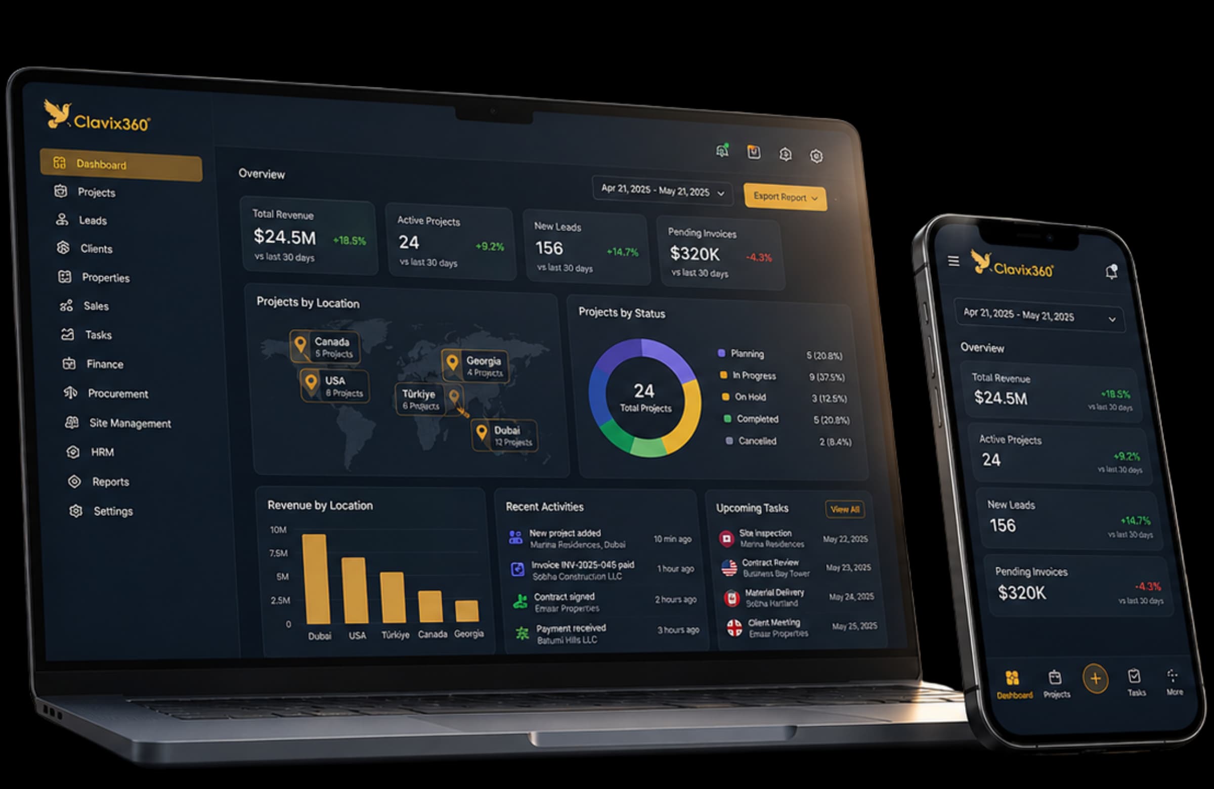 The Clavix 360° dashboard open on a laptop and a phone at once, showing the same total revenue, active projects, new leads and pending invoices figures on both.